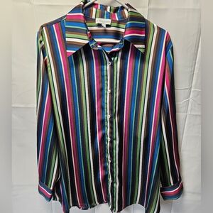 Stacy London Striped Multicolor Silky Button-Up Blouse Sz L